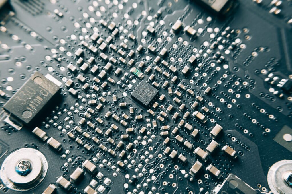 Printed Circuit Board with electrical components.